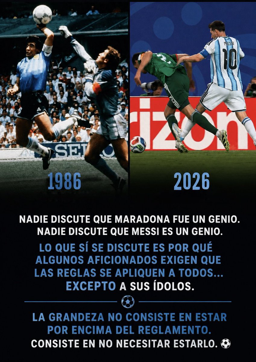 nwlust's tweet photo. “Que veinte años no es nada…”

En realidad fueron cuarenta.

Pero parece que algunas cosas nunca cambian:

1986: “La Mano de Dios”.

2026: “No fue para roja”.

una jugada polémica,

un ídolo,

y miles de aficionados explicando por qué las reglas sí aplican para todos…

excepto para ellos. ⚽️
