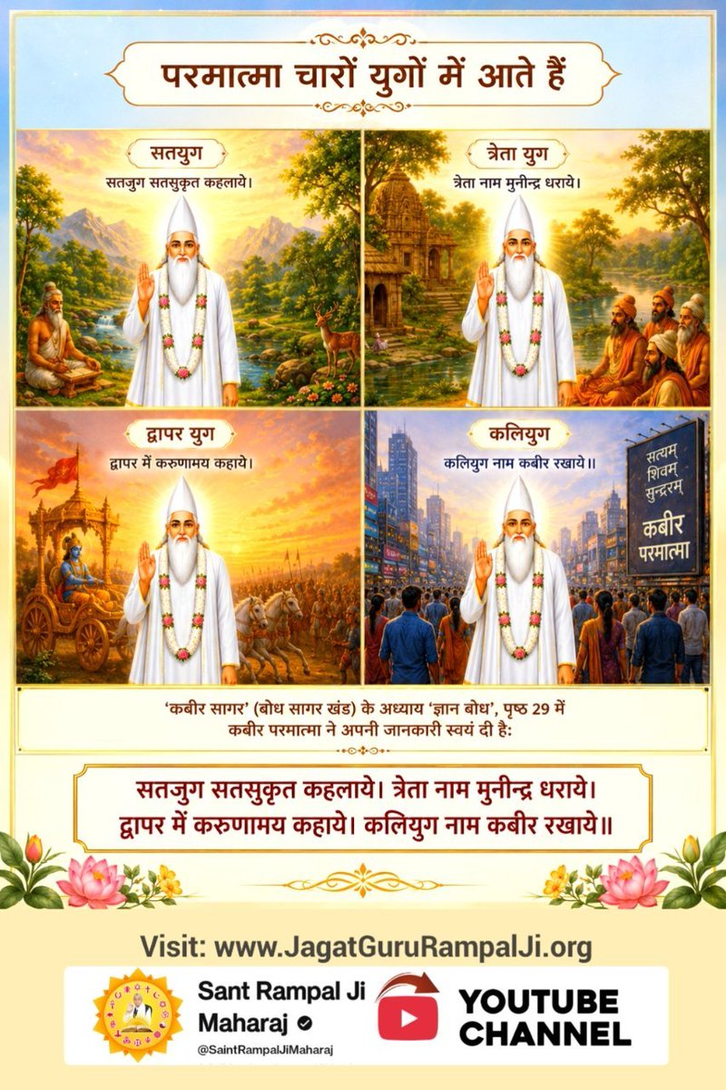 PataramaD's tweet photo. #परमात्मा_चारों_युगमें_आतेहैं
कबीर साहेब चारों युगों में अलग-अलग नामों से प्रकट होते हैं। 
God Kabir In 4Yugas

अवश्य देखते रहिए यूट्यूब चैनल संत रामपाल जी महाराज का प्रतिदिन https://t.co/NB7DPSxJC4