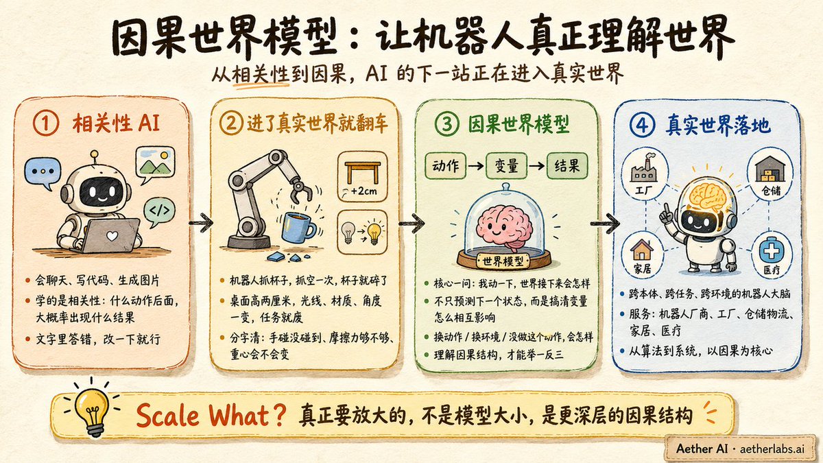alin_zone's tweet photo. 恭喜黄碧薇教授创办的 Aether AI 拿到融资。

黄碧薇教授做因果 AI，做了 12 年。从德国马普所，到 CMU，再到 UCSD 当助理教授。Causal-Learn 作者，发过 100 多篇顶会论文，拿过 Apple Scholar。

今年，她从学术界走出来，创办了 Aether AI。想做的事很直接：给机器人造一个真正能理解物理世界的大脑。
为什么这件事难？

现在的 AI 很厉害，会聊天、写代码、生成图片。但它学的大多是相关性。什么词后面常接什么词，什么动作后面大概率是什么结果。

在文字里，这套很好用，答错一句改一下就行。

可一旦进真实世界，问题就大了。机器人去抓杯子，抓空一次，杯子就碎了。桌面高两厘米，光线、材质、角度一变，任务可能就废了。

因为它要判断的是另一回事：手到底碰没碰到杯子，摩擦力够不够，重心会不会变，再动一下会不会摔。

说到底就一个问题，我现在动一下，世界接下来会怎样？
这就是因果。
她做的因果世界模型，挖的就是这个。不只是预测下一个状态，而是搞清楚变量之间怎么相互影响。换个动作结果会怎样，换个环境技能还迁不迁得过去，甚至，要是当时没做这个动作，结果会不会不一样。
因为真实世界不可能被训练数据全覆盖。桌面高度、物体材质、失败姿态，机器人不可能提前都见过。光背下见过的模式不够，理解了背后的因果结构，才谈得上举一反三。
这两年大家都在比谁模型更大、数据更多、卡更多。她的问题是反过来的，Scale What，你到底在放大什么？光堆遥操数据、堆视频、买算力，未必能解决泛化。关键是同样的数据，模型能不能挖出更深一层的东西。
她想从算法到系统，把这个以因果为核心的大脑做出来，服务机器人厂商，还有工厂、仓储物流、家居、医疗。
大模型打开了数字世界的门。因果世界模型，想打开物理世界那扇门。
关注黄碧薇教授 @huang_biwei，看这条路怎么走。Aether AI 官网：https://t.co/70iNtd2hUx