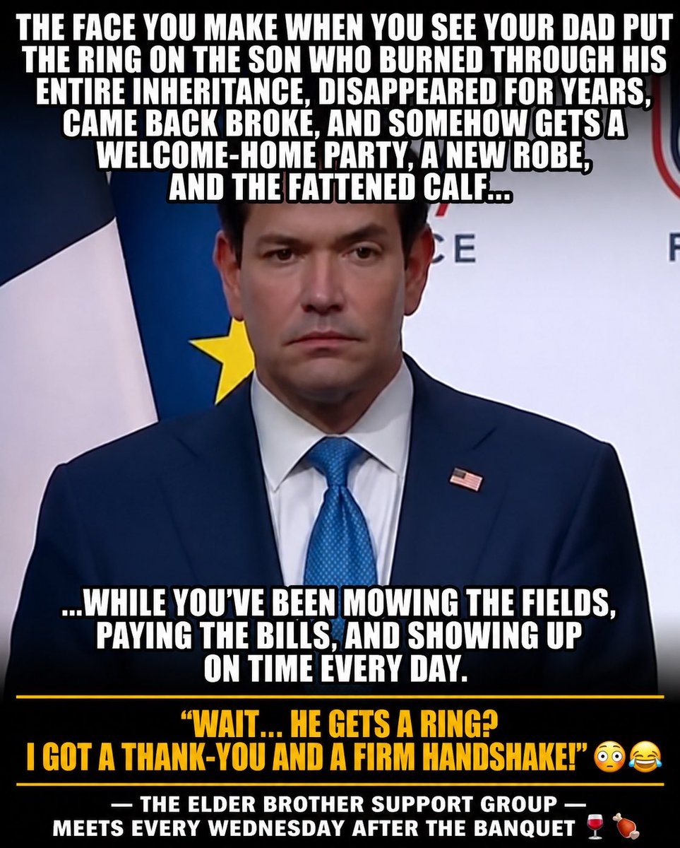 MarcoGutierrez's tweet photo. The face you make when you see your dad put the ring on the son who burned through his entire inheritance, disappeared for years, came back broke, and somehow gets a welcome-home party, a new robe, and the fattened calf… while you’ve been mowing the fields, paying the bills, and showing up on time every day.

“Wait… HE gets a ring? I got a thank-you and a firm handshake!” 😳😂

—The Elder Brother Support Group meets every Wednesday after the banquet