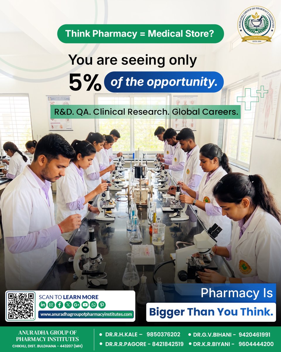 Anuradhapharma2's tweet photo. Think Pharmacy means only a medical store?

Think again.

From R&amp;D to Clinical Research, Pharmacy opens doors to far bigger opportunities.

#PharmacyCareers #BPharm #GPAT #FuturePharmacists #AnuradhaGroupOfPharmacies https://t.co/tfiKkH7b1b