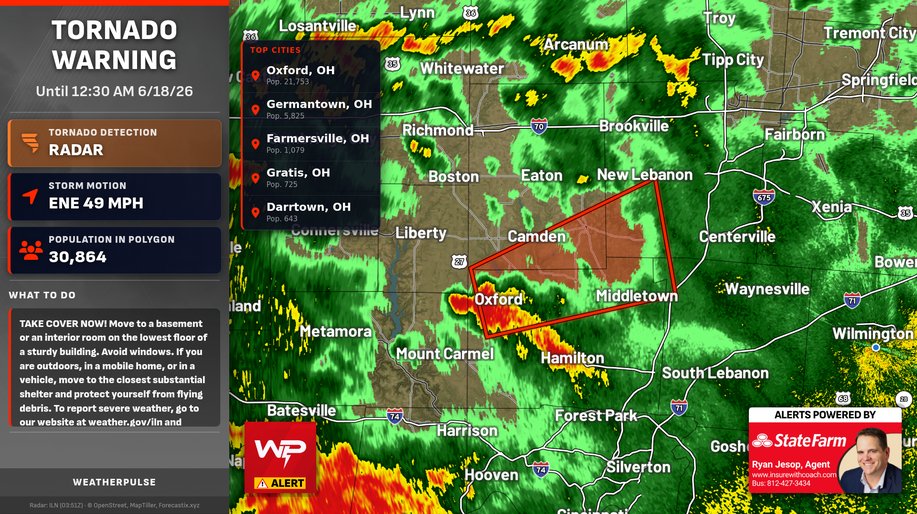 Chrisweather's tweet photo. Tornado Warning for Butler, OH, Montgomery, OH, Preble, OH &amp; Others until 12:30 AM EDT. Radar shows rotation; a tornado-capable storm near Oxford moving E at 50 mph. Take cover now in a basement/interior room; avoid windows. https://t.co/mHdt1TzyYi