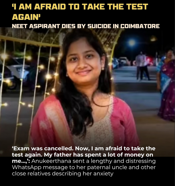 WokePandemic's tweet photo. Another young life lost.

A 19-year-old #NEET aspirant died by suicide after reportedly expressing fear and mental strain in a message to her relatives.

This tragedy is bigger than one exam. It forces us to ask difficult questions about the immense pressure placed on young people not just by competitive exams, but by expectations from parents, relatives, society, and the constant comparison that defines success through ranks and admissions.

For many students, the years between 15 and 25 become an endless cycle of coaching, entrance tests, and fear of failure. These are some of the most productive, creative years of life, yet millions spend them chasing a single exam because they've been told that one result determines their future.

Education is important, but it is not the solution to every problem in the world, nor should every dream be reduced to clearing one competitive exam. A society that values only a handful of careers while ignoring countless other talents creates unnecessary suffering.

We need to stop measuring young people solely by exam scores and start valuing their well being, individuality, and the many paths to a meaningful life.