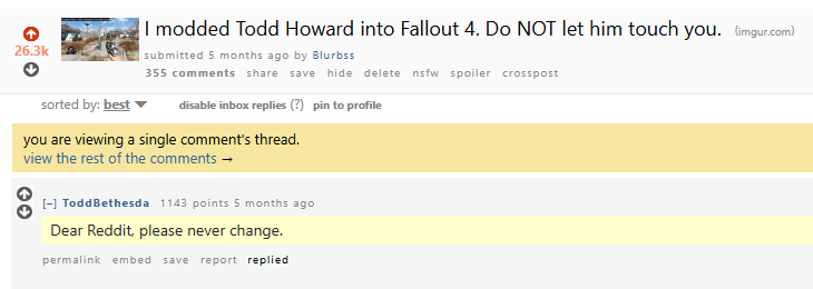 Blurbstv's tweet photo. I cannot believe Todd Howard commented on my mod and I'm only finding out 5 months later 😭 https://t.co/a71SzXEIm4