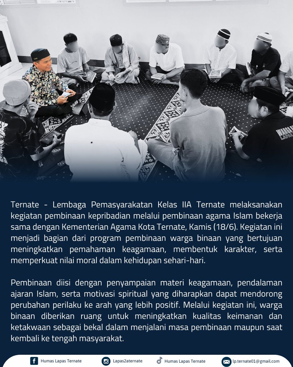 lapasternate's tweet photo. Lapas Ternate bersama Kementerian Agama Kota Ternate melaksanakan pembinaan agama Islam bagi warga binaan.

#kemenimipas #ditjenpas #guardandguide #pemasyarakatanmalut #lapasternate https://t.co/u2BLSRC4Gw