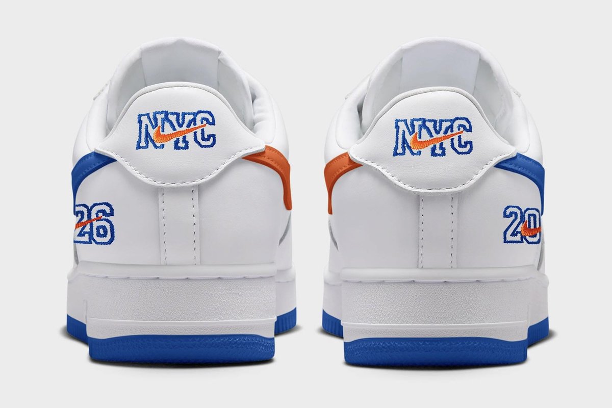 SoleRetriever's tweet photo. ANOTHER ONE: Nike is releasing a made-to-order “Knicks” Air Force 1 at select retailers today 🟠🔵

You can pre-order a pair at spots like Kith at 10am EST. They ship in October. https://t.co/6tIhY5ysHC