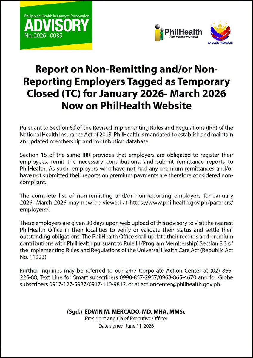 teamphilhealth's tweet photo. 𝗣𝗵𝗶𝗹𝗛𝗲𝗮𝗹𝘁𝗵 𝗔𝗱𝘃𝗶𝘀𝗼𝗿𝘆 𝗡𝗼. 𝟮𝟬𝟮𝟲-𝟬𝟬𝟯𝟱
Report on Non-Remitting and/or Non-Reporting Employers Tagged as Temporary Closed (TC) for January 2026 - March 2026 Now on PhilHealth Website.
#PhilHealthAdvisory
#MyPHilHealth https://t.co/EgGaDyiSOC