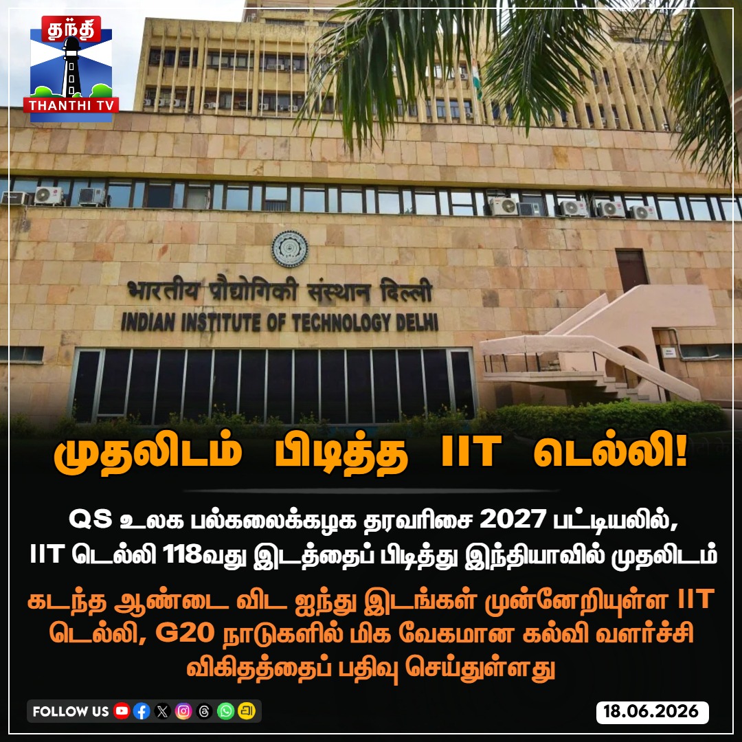 ThanthiTV's tweet photo. முதலிடம் பிடித்த IIT டெல்லி!

#IITDelhi #QSWorldUniversityRankings #TopUniversity #India #ThanthiTV https://t.co/ff5CW7iJv3
