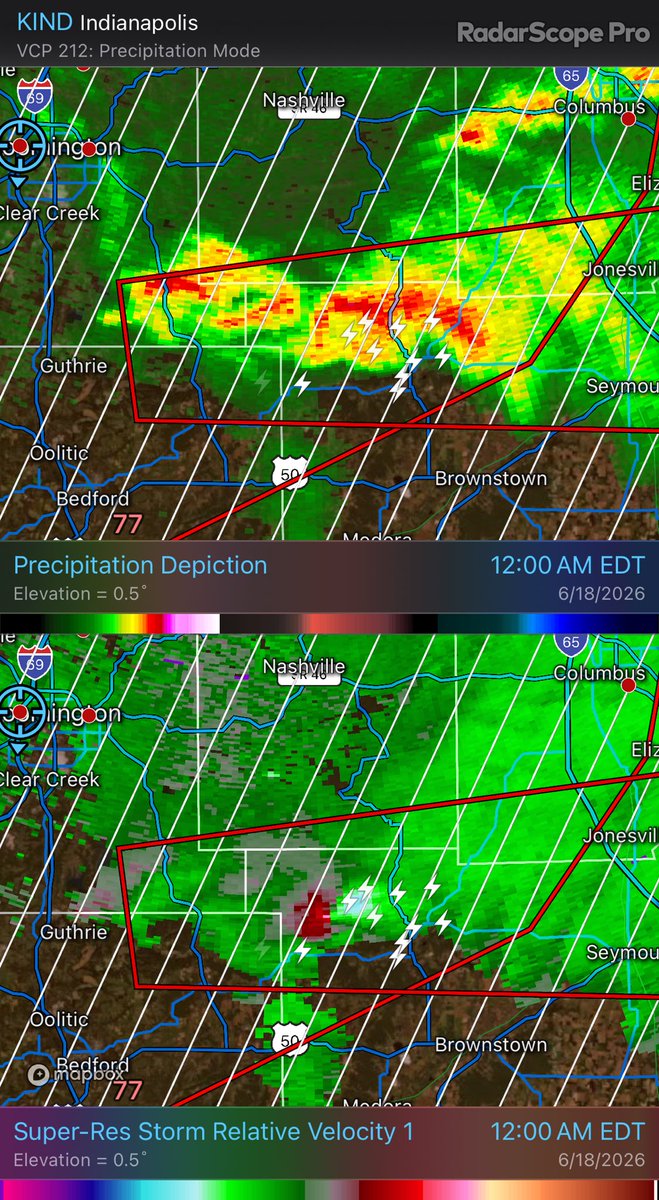 ChrisHallWx's tweet photo. That’s likely a tornado ongoing West of Seymour, Indiana. https://t.co/9FtP5CwVjA