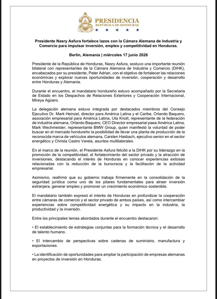 hnpresidencia's tweet photo. Presidente Nasry Asfura fortalece lazos con la Cámara Alemana de Industria y Comercio para impulsar inversión, empleo y competitividad en Honduras https://t.co/eGqLTdkGD5