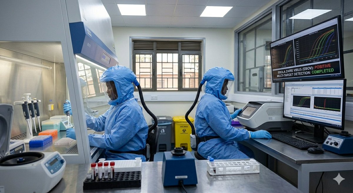 cphluganda's tweet photo. New Uganda –DRC laboratory findings reveal that the 2026 #BundibugyoEbola outbreak is the result of a fresh wildlife spillover. Through collaboration, scientists from @cphluganda &amp; @inrb_kinshasa  sequenced the virus. More: https://t.co/gnnMPb6izz

 #MOHatWork | #FightEbolaUG26 https://t.co/2Dhejw1o64