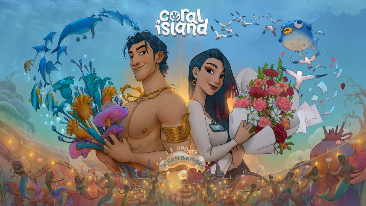 coralislandgame's tweet photo. 🌊Check out the details in our blog: https://t.co/cPuTWdTheR

🌊In this update, we’re introducing Agung and Raina as new romanceable characters, along with Manual Save for single-player mode, the Merfolk Festival, the Jealousy System, and much more!

🌊Special thanks to @SarahSunstone for working with us on this trailer, and to @davidalojaya for the stunning artwork!