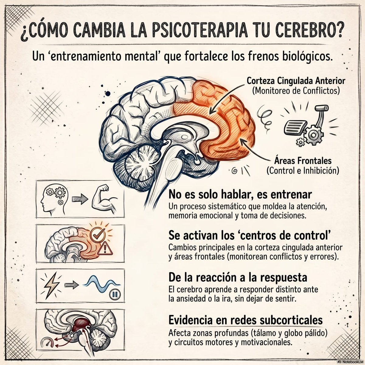dr_J0NATHAN_Rmz's tweet photo. ¿La #psicoterapia realmente cambia el cerebro o solo te ayuda a sentirte mejor? 🧠

Durante años se pensó que la psicoterapia era simplemente una conversación útil. Hoy sabemos que la historia es mucho más interesante.

Un metaanálisis reciente de estudios con resonancia magnética funcional (fMRI) encontró que las personas que reciben psicoterapia muestran cambios consistentes en regiones cerebrales relacionadas con el control inhibitorio, la regulación emocional y la toma de decisiones.

¿Las principales áreas involucradas?
🔹 Corteza cingulada anterior: participa en el monitoreo de errores, conflictos internos y regulación de respuestas.
🔹 Regiones frontales: fundamentales para el autocontrol, la planificación y la capacidad de detener impulsos automáticos.
🔹 Circuitos subcorticales: relacionados con motivación, hábitos y ejecución de conductas.

Lo más interesante es que estos hallazgos coinciden con lo que observamos en la práctica clínica.

Muchas personas creen que el objetivo de la terapia es "dejar de sentir ansiedad", "dejar de enojarse" o "dejar de tener pensamientos negativos".
Pero eso no es lo que suele ocurrir.

Lo que cambia es la forma en que el cerebro responde a esas experiencias.

La ansiedad puede aparecer.
La tristeza puede aparecer.
La ira puede aparecer.
La diferencia es que el paciente desarrolla una mayor capacidad para detenerse, observar lo que ocurre y elegir cómo responder, en lugar de reaccionar automáticamente.

En otras palabras:
👉 La psicoterapia no elimina las emociones humanas.
👉 Entrena los sistemas cerebrales que nos permiten relacionarnos con ellas de una manera diferente.

Es similar a lo que ocurre cuando entrenas un músculo. El objetivo no es evitar el esfuerzo, sino desarrollar la capacidad de manejarlo mejor.

Por supuesto, estos estudios no significan que podamos "ver la depresión" o "diagnosticar la ansiedad" con una resonancia magnética. Tampoco demuestran que todas las terapias funcionen igual o que los cambios cerebrales expliquen toda la mejoría clínica.
Pero sí refuerzan una idea importante:
La psicoterapia no es solo hablar de los problemas.

Es un proceso de aprendizaje que puede modificar la forma en que el cerebro procesa emociones, conflictos, impulsos y decisiones.
Y quizás esa sea una de las razones por las que puede transformar vidas.

#Psiquiatría #Psicoterapia #SaludMental #Neurociencia #Ansiedad #Depresión #Psicología #Cerebro #MedicinaBasadaEnEvidencia