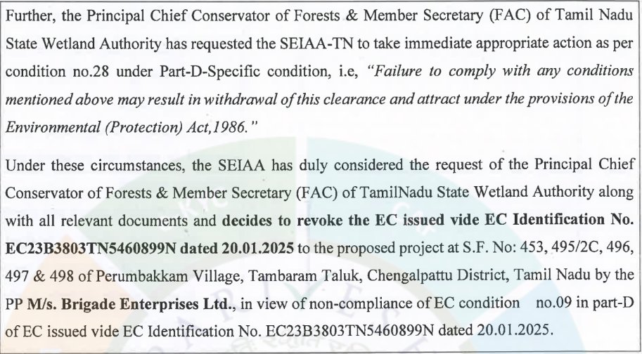 Sidprabhakar7's tweet photo. Breaking: Environmental Clearance granted to Brigade group's project in Perumbakkam cancelled by State Environmental Impact Assessment Authority (SEIAA)
TN government says Brigade Group did not get permission from wetland authority before commencement of work. 
Order passed on  May 8; TN govt wrote to SEIAA on April 16.
@Arappor press release