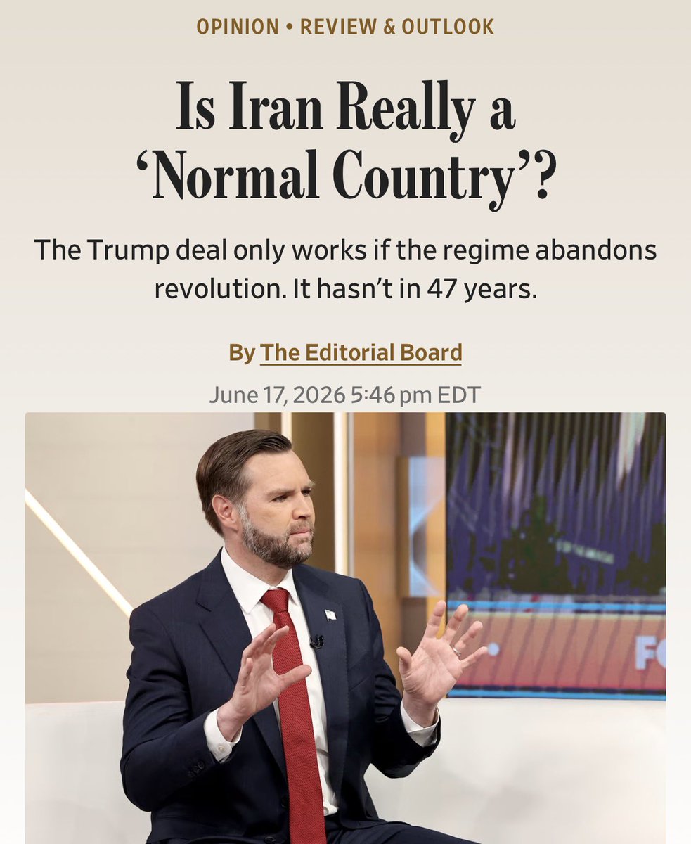 mdubowitz's tweet photo. “Mr. Vance and the President seem to believe that the lure of gleaming hotels and $300 billion in investment is enough for the regime to abandon its revolutionary cause. It could have had those hotels and prosperity for decades but always chose revolution and terror. If Iran really is committed to a new direction, it shouldn’t take 60 days to find out. If the regime won’t abandon its nuclear program, it prefers revolution.”