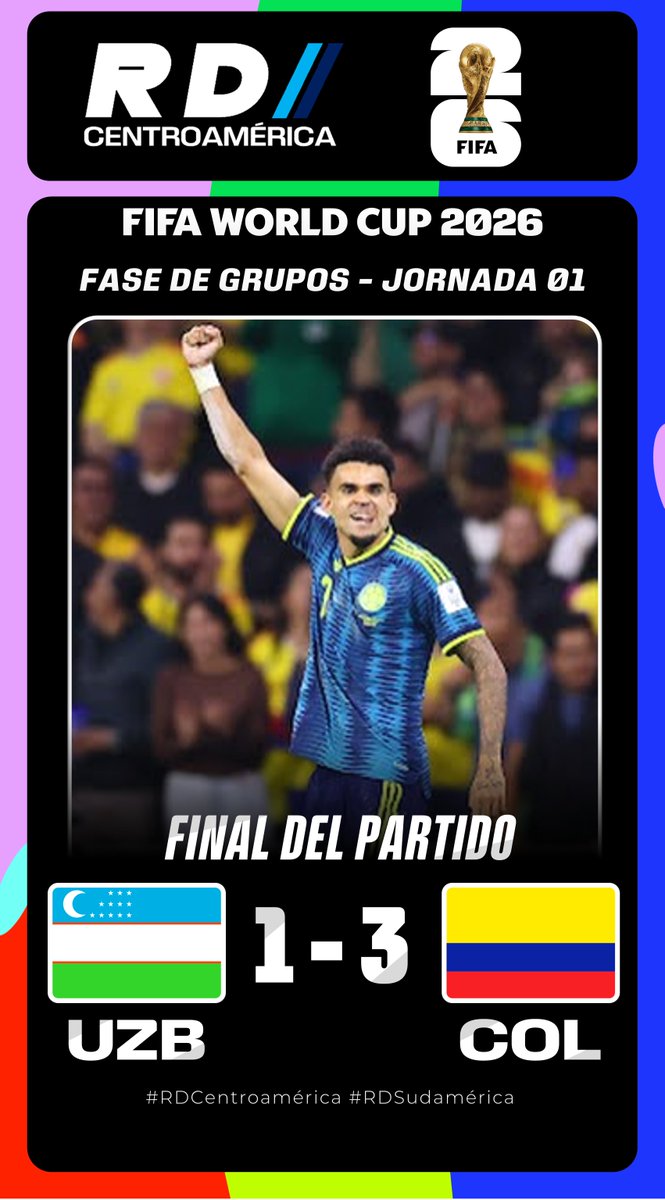 DeportivaCR's tweet photo. Partido Finalizado @FIFAWorldCup 2026
Fase de Grupos - Grupo K - Jornada 01

🇺🇿 @UzbekistanFA 1-3 @FCFSeleccionCol 🇨🇴

Goles:
🇺🇿 Abbosbek Fayzullaev 60'
🇨🇴 Daniel Muñoz 40' - Luis Díaz 65' - Jaminton Campaz 90'+9

#FIFAWorldCup #UZBvsCOL #Somos26 #ElMundialEsNuestro #WeAre26 https://t.co/kgnsSNOhCj