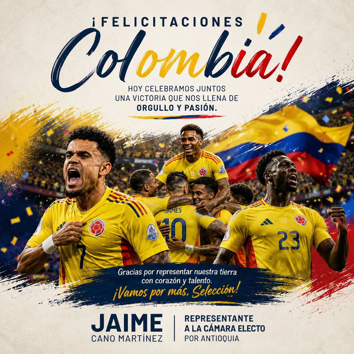 JaimeACanoM's tweet photo. Qué orgullo ser colombianos! 🇨🇴⚽💛💙❤️

Hoy celebramos una victoria que nos une y nos recuerda la fuerza del trabajo en equipo, la disciplina y el amor por nuestro país.

Felicitaciones a nuestra Selección Colombia por dejar en alto el nombre del país y regalarnos una alegría que emociona a millones de colombianos.

¡Vamos por más! Todo un país cree en ustedes. 🇨🇴
