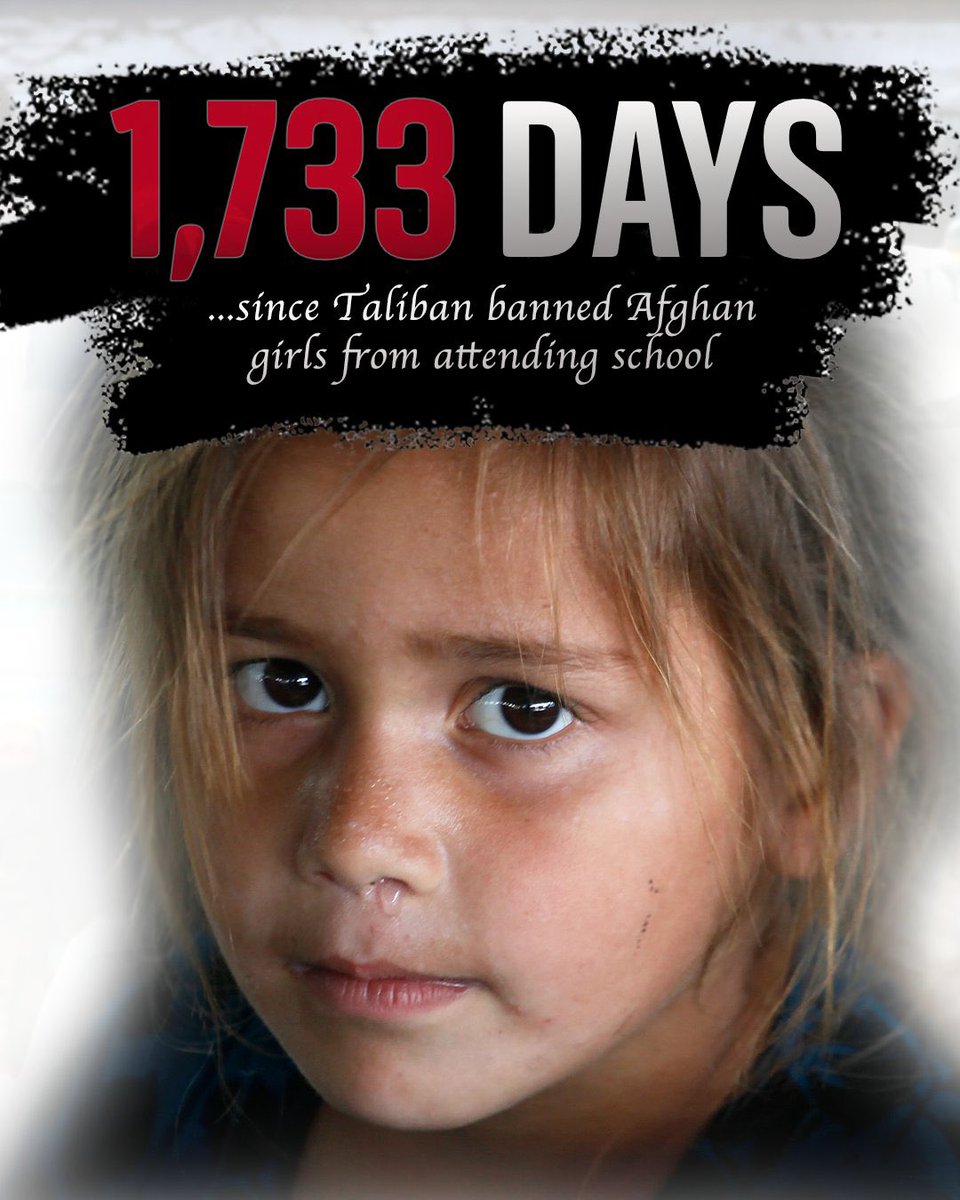 rafikhan501's tweet photo. 🔴 Day 1,733 of Afghan women being excluded from public life.

Millions of Afghan girls are still banned from attending school as part of the Taliban's crackdown on female rights. This lost generation of talent and potential could have brought peace and prosperity to the country.

You are not forgotten.

#Afghanistan #LetAfghanGirlsLearn