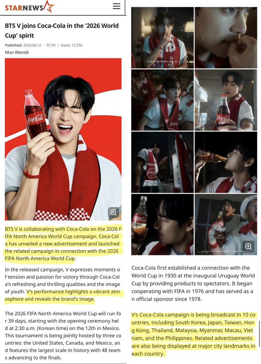 VonTidal's tweet photo. BTS V joins Coca-Cola in the '2026 World Cup' spirit

BTS V is collaborating with Coca-Cola on the 2026 FIFA North America World Cup campaign. Coca-Cola has unveiled a new advertisement and launched the related campaign in connection with the 2026 FIFA North America World Cup.

V's Coca-Cola campaign is being broadcast in 10 countries, including South Korea, Japan, Taiwan, Hong Kong, Thailand, Malaysia, Myanmar, Macau, Vietnam, and the Philippines. Related advertisements are also being displayed at major city landmarks in each country.

🔗 https://t.co/ytOcSb74Ja