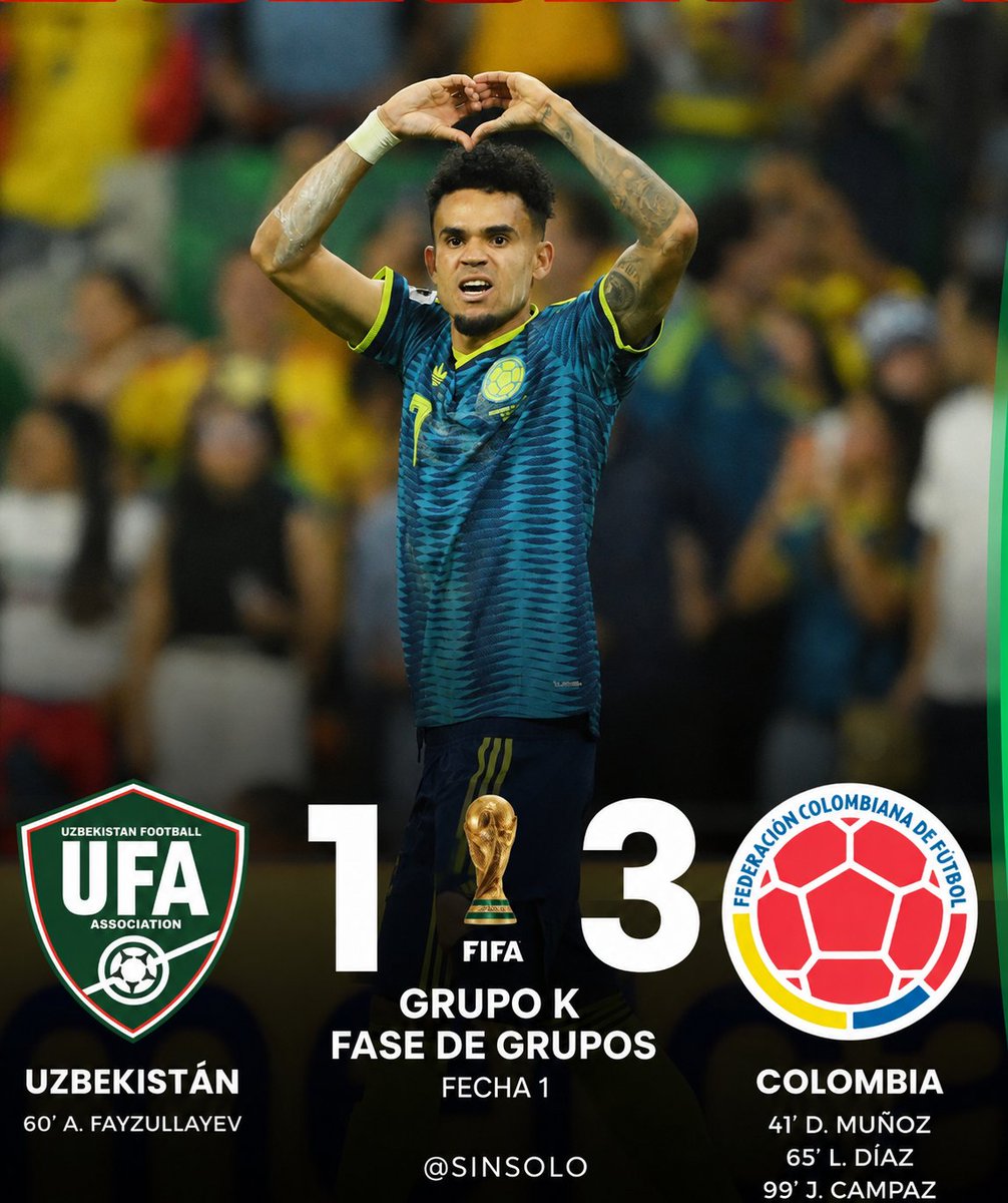 Sinsolo's tweet photo. #Mundialdefútbol
#Colombia le ganó 3 a 1 al debutante #Uzbekistan 
Sufrió sobre el final pero ganó bien el equipo de Lorenzo. https://t.co/89pam9InMj