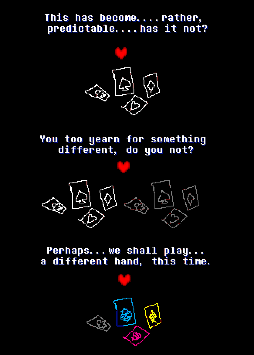 PookybutHouse's tweet photo. Had the idea for an AU where the deck of cards in CH1 is a copy, and there's more card characters/enemies.
Gonna call it "Deltarune CMYK" for now. https://t.co/HwDpQrtwWb
