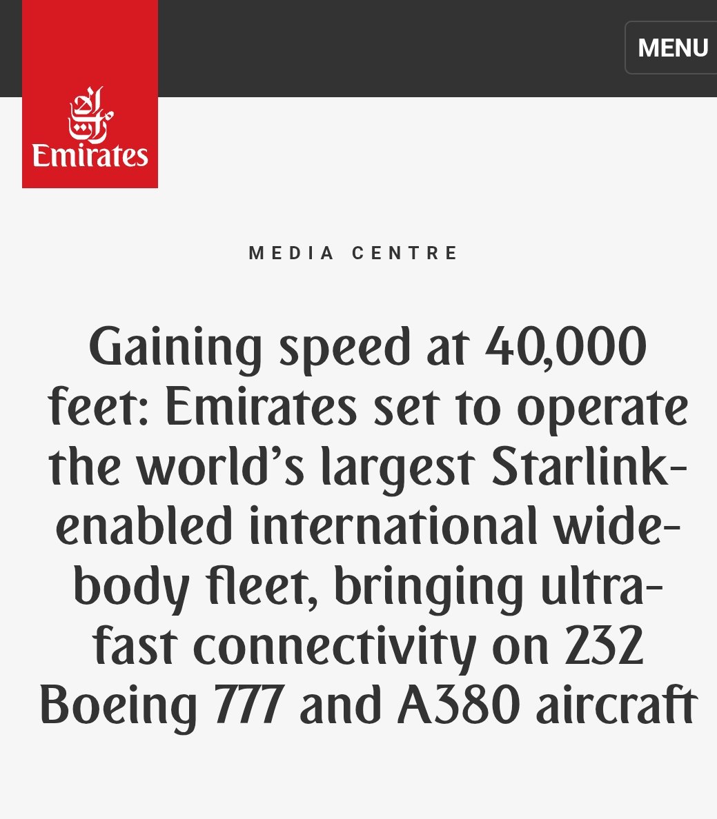 PrinceAD's tweet photo. @elonmusk Emirates has also installed starlink on its massive fleet.
Emirates to operate largest Starlink-enabled fleet https://t.co/xtU3JMkQ3l https://t.co/6tOUuv7QoC