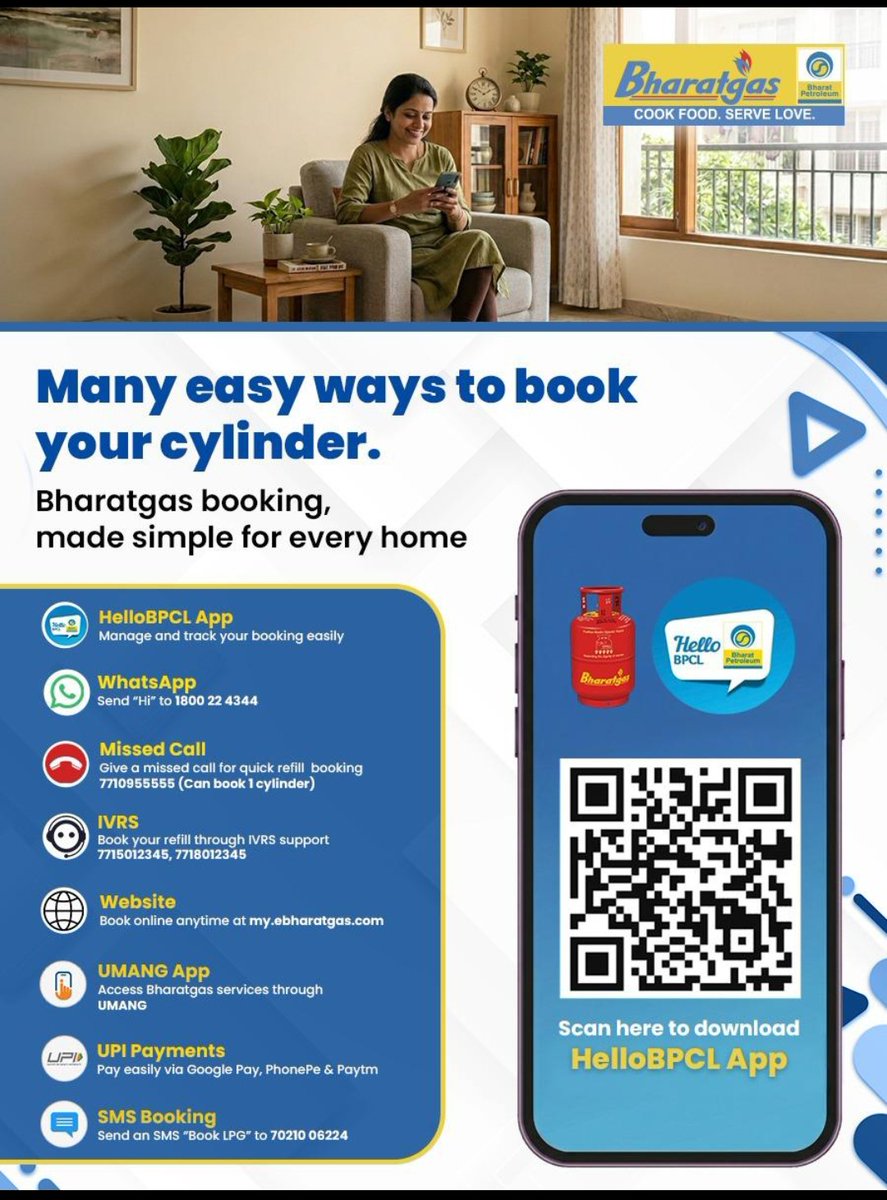 BPCLROORKE's tweet photo. Bharatgas makes refill booking simple and accessible—via HelloBPCL App, WhatsApp, IVRS, UMANG, SMS, website, and UPI payments. Because convenience should always be within your reach.

@BPCLimited @BPCLLPG @PetroleumMin @HardeepSPuri @Secretary_MoPNG
#Bharatgas https://t.co/zqL1sq5zgN