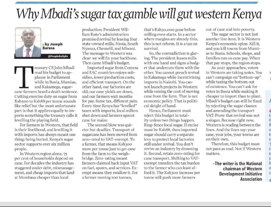BarasaJoseph's tweet photo. In People Daily today, read my article on Sugar: Why @JohnMbadiN's Sugar Tax Gamble Will Gut Western Kenya
Cc: @OleItumbi @edwinsifuna @OkiyaOmtatah @rigathi @HonWetangula @pksalasya https://t.co/2g8PWq7QSP