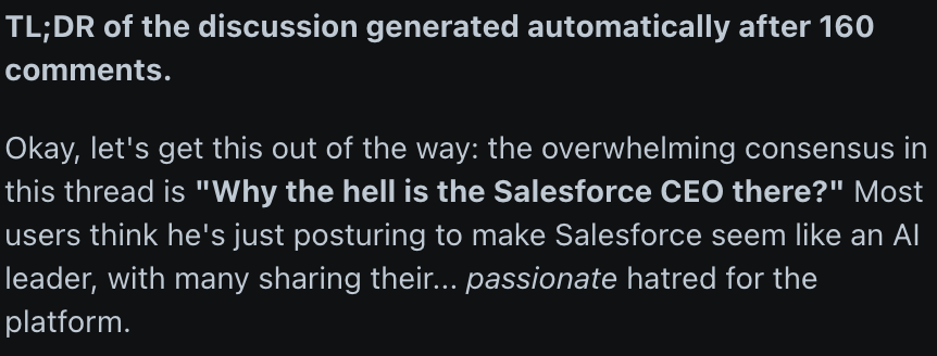TheGeorgePu's tweet photo. Salesforce is not an AI company, Marc.

It's a senior retirement home for enterprise data.

They pay you to starve their data to death.

Everything you buys - Heroku, Slack - turns into dirt.

You're not relevant in AI, leave it and give us a break. https://t.co/r1pJzVFa7i