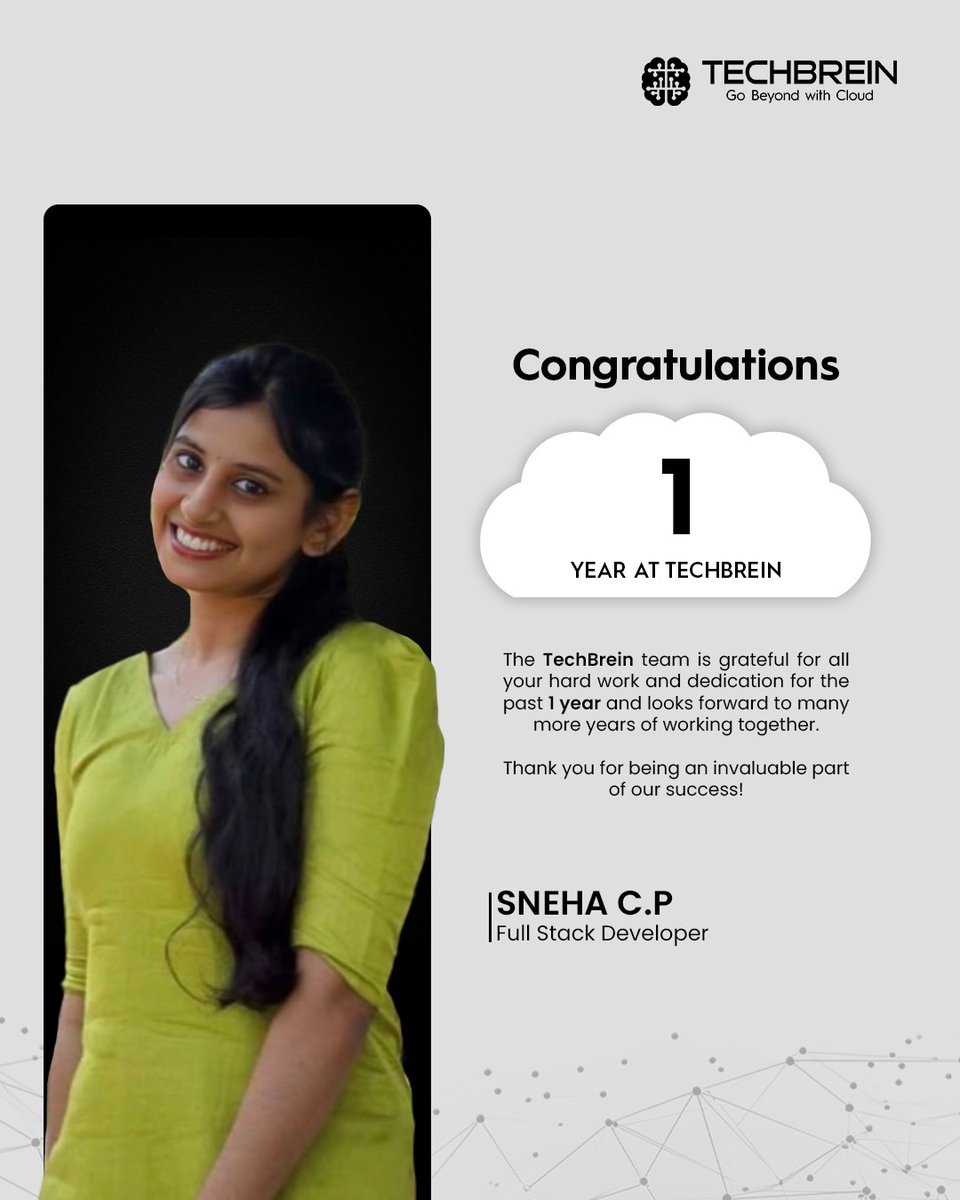 techbrein_in's tweet photo. Congratulations to Sneha C.P on completing 1 year with @techbrein  as our Full Stack Developer. Your dedication, continuous learning, and valuable contributions have strengthened our team. Wishing you continued success in the years ahead. 
#WorkAnniversary #TechBrein https://t.co/aLq6pCLJ1p