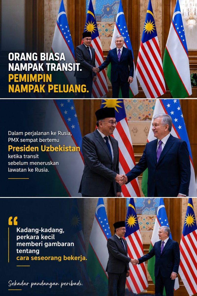 MozaRa230's tweet photo. Aku perasan saru perkara..

Dalam perjalanan ke Rusia, PMX sempat bertemu Presiden Uzbekistan bagi membincangkan kerjasama antara kedua-dua negara.

Nampak kecil, tetapi mungkin inilah yang membezakan cara seorang pemimpin melihat masa. https://t.co/HLRU5Xzfqd