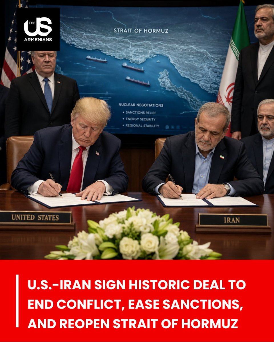 TheUSArmenians's tweet photo. Trump announces new agreement with Iran to end months of conflict and restart nuclear talks. 

Deal includes uranium limits, sanctions relief, oil export resumption, and temporary reopening of the Strait of Hormuz. 

Source: ABC7 https://t.co/G5BcPdrmbn