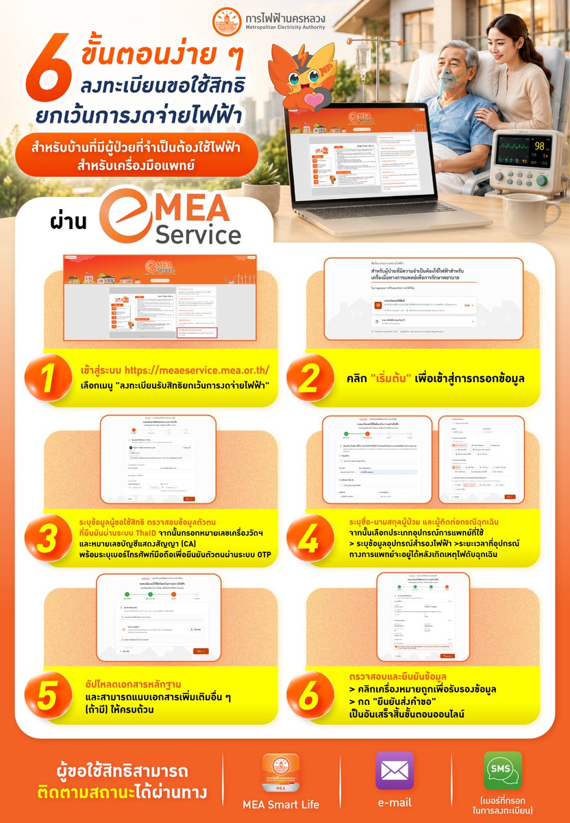 mea_news's tweet photo. 6 ขั้นตอนง่าย ๆ ลงทะเบียนขอใช้สิทธิยกเว้นการงดจ่ายไฟฟ้า สำหรับบ้านที่มีผู้ป้วยที่จำเป็นต้องใช้ไฟฟ้าสำหรับเครื่องมือแพทย์ ผ่านระบบ MEA e-Service ตลอด 24 ชั่วโมง

คลิก: https://t.co/XiFfCJnQrN

#MEA #กระทรวงมหาดไทย #ทำทันที #MEAดูแลผู้ป่วยด้วยSmartMeterพลัส #SmartMetroGrid https://t.co/Be7KpOylG8