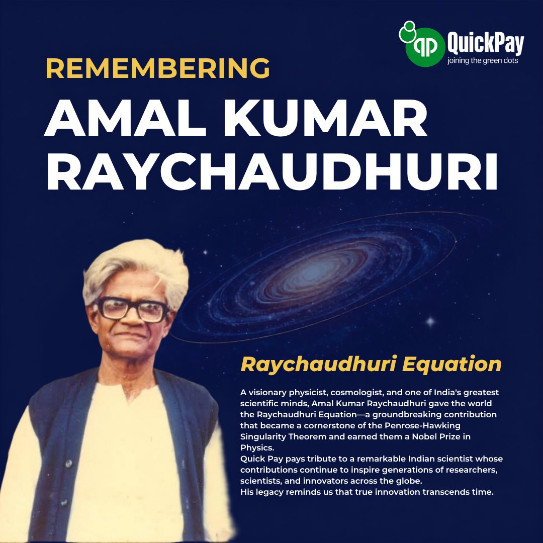 Quick_pay1's tweet photo. #AmalKumarRaychaudhuri #RaychaudhuriEquation #IndianScientist #Cosmology #Physics #ScienceLegacy #Innovation #ScientificExcellence #IndianPride #QuickPay #STEM #Astronomy #RememberingLegends https://t.co/xAkzcc8qPr