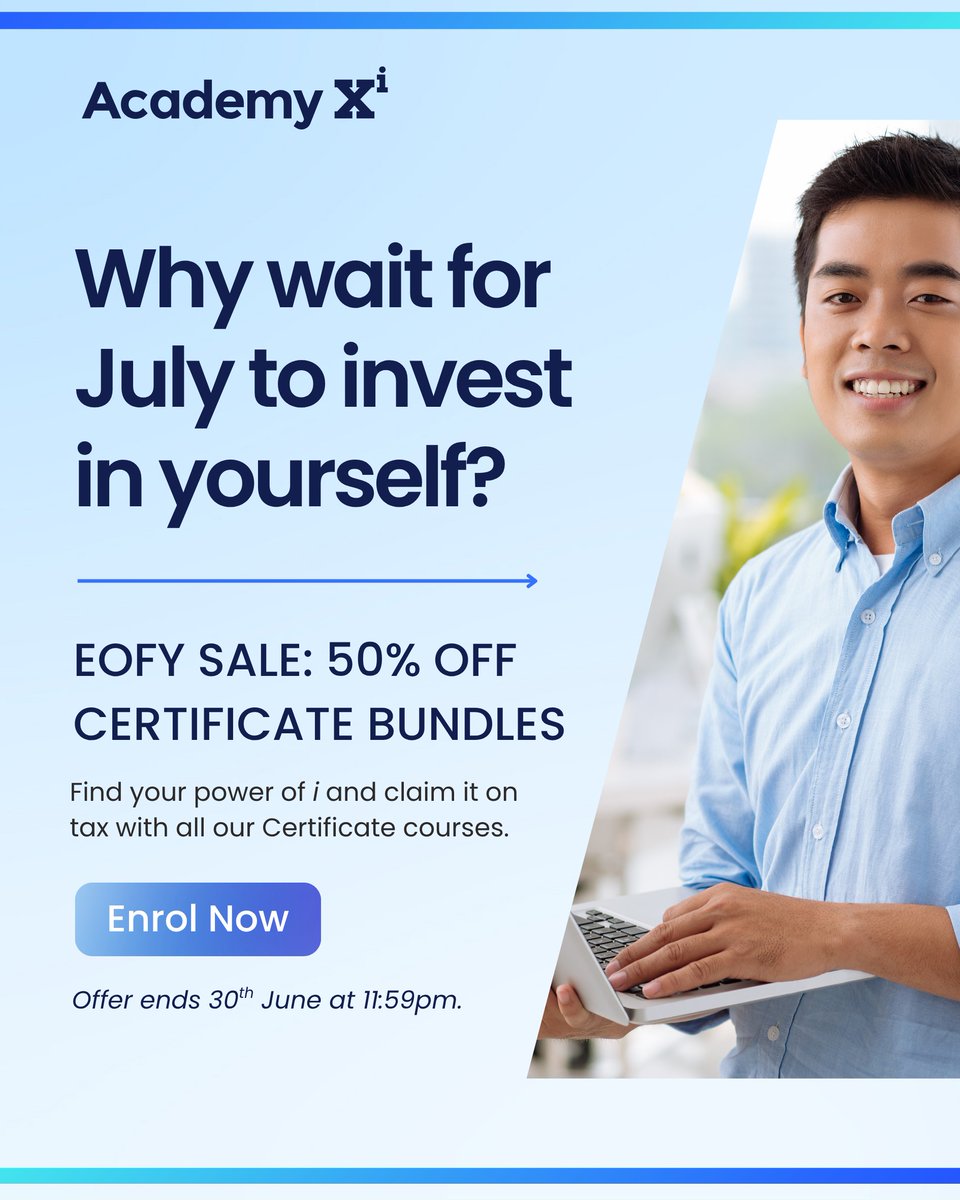 academyxi's tweet photo. Only 2 weeks left until our #EOFY sale ends ⏰

The job market is evolving fast, &amp; AI, data &amp; digital skills are becoming essential across industries.

Future-ready careers start with future-ready skills.

💡 Save up to 50% off before 30 June:
https://t.co/ENbKlkiApq https://t.co/z4RaxQk6gj
