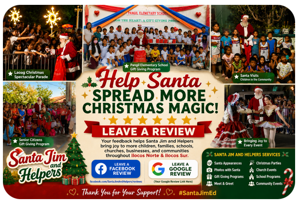 SantaJimEd's tweet photo. 🎅 Thank you for supporting Santa Jim and Helpers!

If you enjoyed your experience with Santa Jim and Helpers, we would greatly appreciate a review. As a new local business serving Ilocos Norte and Ilocos Sur, your feedback helps us bring Christmas magic to more families, schools, churches, businesses, and community events.

⭐ Leave a Google Review:
https://t.co/zcqyMBnW1M

📘 Leave a Facebook Recommendation:
https://t.co/MOB0gA5EKZ

Thank you for your support and for helping us spread joy, smiles, and holiday memories throughout our community.

🎄 Santa Jim and Helpers