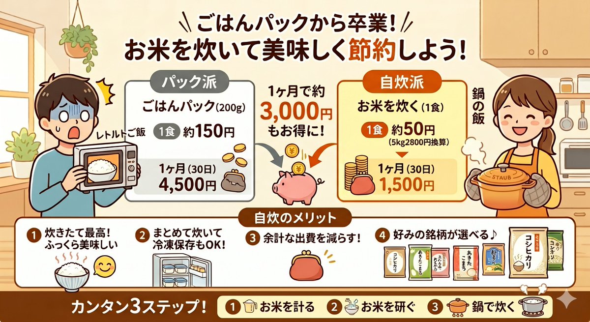 ricetimerapp's tweet photo. ＼パックご飯卒業で月約3,000円節約！💸／ 
「でも、お鍋でお米を炊くのって火加減が難しそう…」 そんなお悩みを解決する【鍋炊飯タイマーアプリ】が登場！📱✨
ふっくら美味しいお鍋ご飯で、無理なく節約を始めませんか？😋
#自炊 #節約 #パックご飯 https://t.co/QGq7VlVJwr