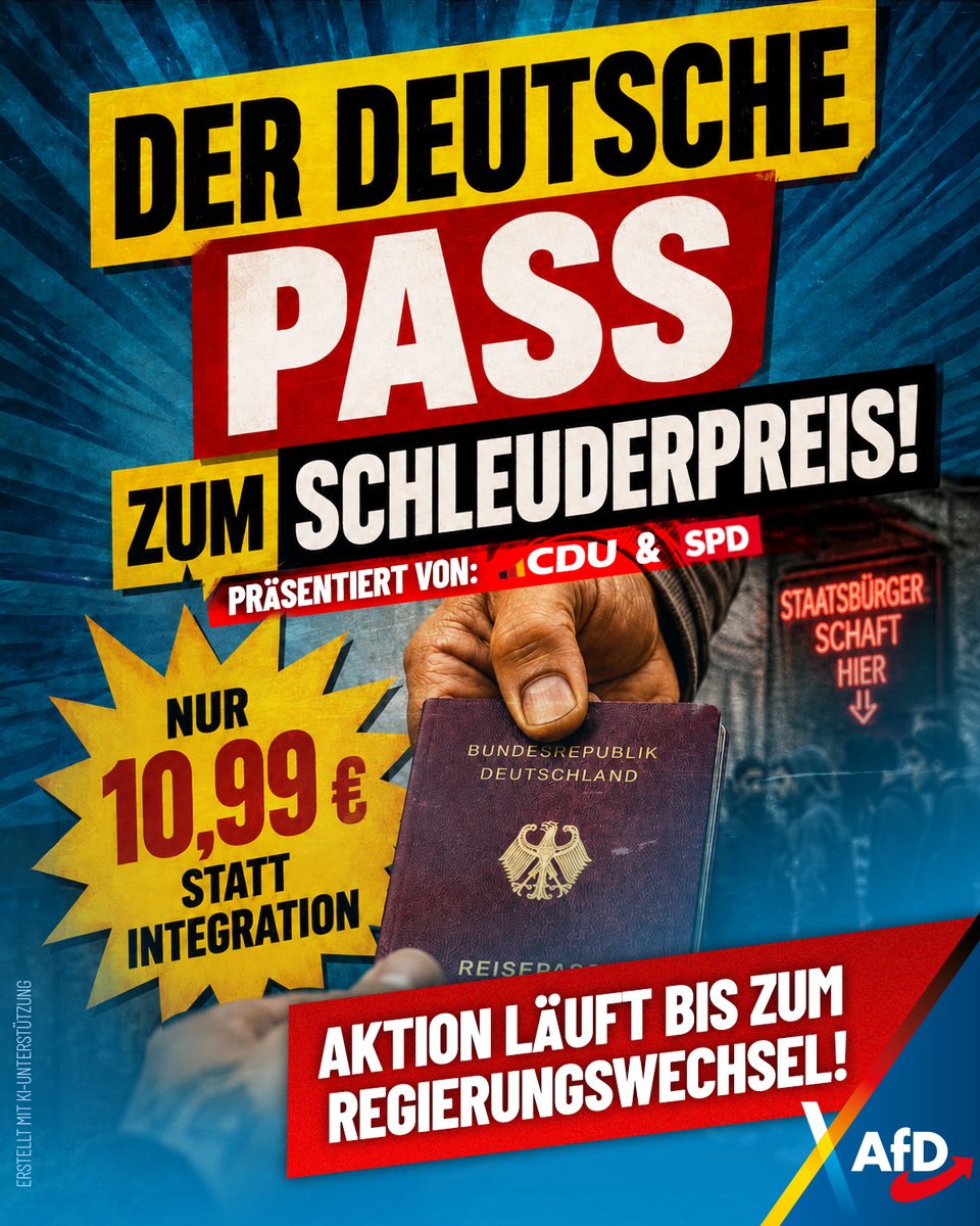 AfD's tweet photo. Der geheime Bericht der Innenminister zeigt das Desaster: Bei 332.500 Einbürgerungen im Jahr 2025 wurde der Betrug mit Sprachzertifikaten zum Massenphänomen. Der deutsche Pass darf nicht verramscht werden. Unkontrollierte Masseneinbürgerung muss gestoppt werden! https://t.co/bigUyZA2Jf
