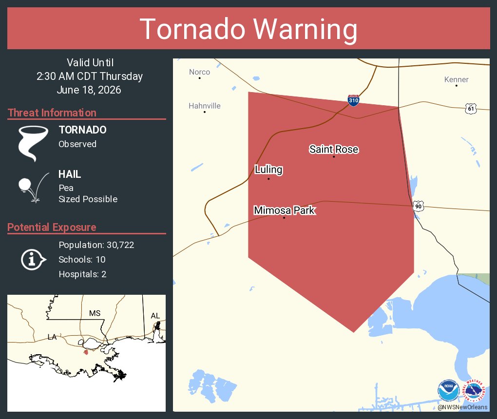 NWStornado's tweet photo. Tornado Warning including Luling LA, Destrehan LA and  Saint Rose LA until 2:30 AM CDT https://t.co/1gy4m8G3tN