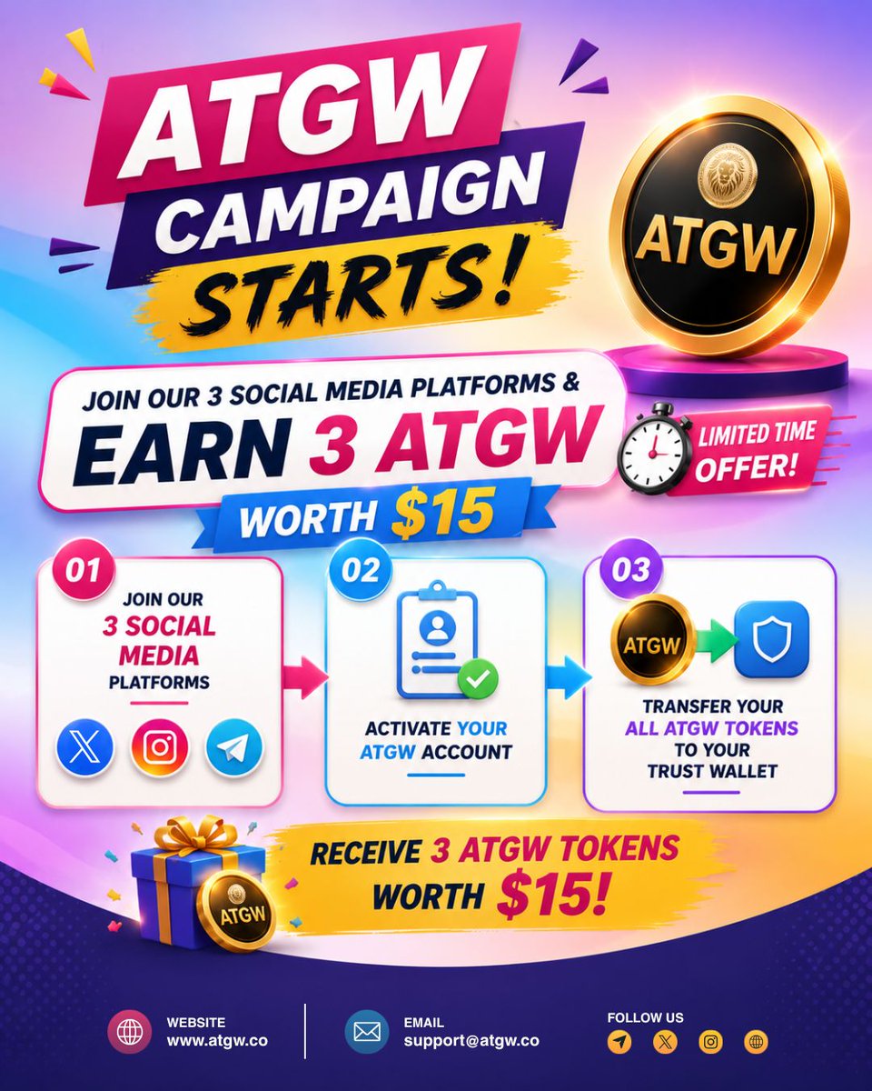 ATGWToken's tweet photo. 🎉 The ATGW Campaign has officially started!

Join our 3 official social media platforms, activate your account, transfer your ATGW tokens to Trust Wallet, and earn 3 ATGW worth $15. 🚀

⏳ Limited Time Offer — Don't Miss Out!

#ATGWToken #ATGWCampaign #CryptoRewards #TrustWallet https://t.co/tYFPCYoic8