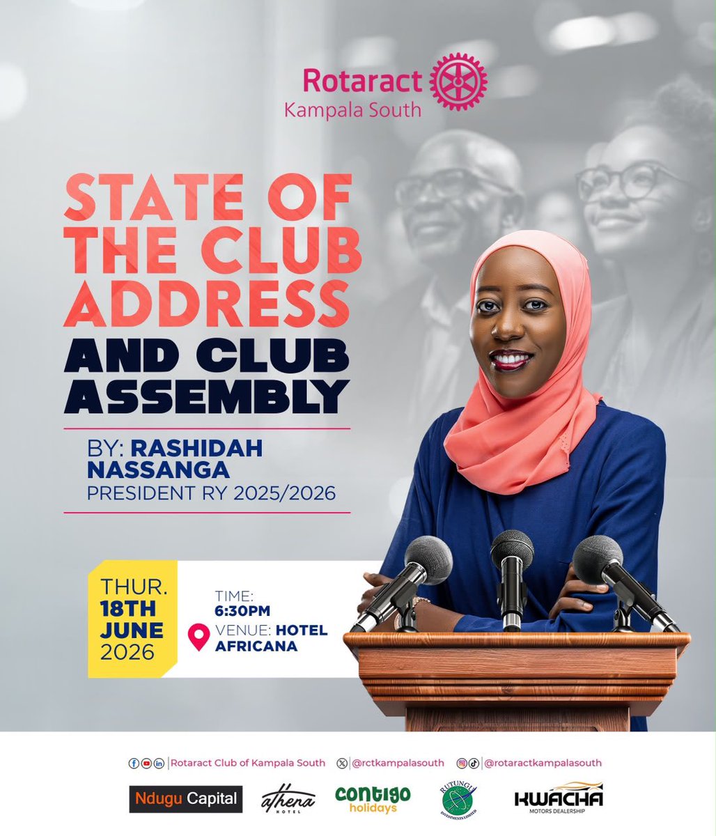 rctkampalasouth's tweet photo. Today , we pause to take stock of where we are, how far we’ve come, and where we’re headed as a club.

Join us for the State of the Club Address and Club Assembly as President Rashidah Nassanga shares the story behind our progress, the impact we’ve made, and the vision that will guide us through the next Rotary Year.

📍 Hotel Africana
🕡 6:30 PM

#KnightsMeeting