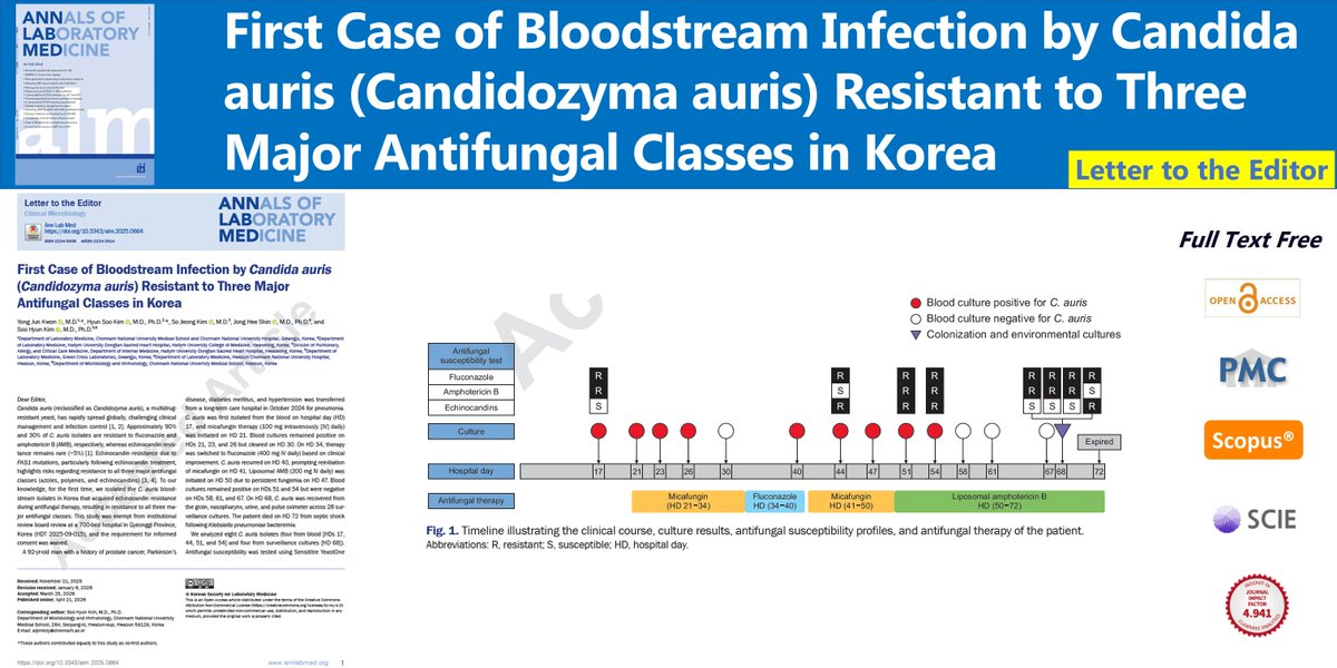 AnnLabMed's tweet photo. First Case of Bloodstream Infection by Candida auris (Candidozyma auris) Resistant to Three Major Antifungal Classes in Korea
🌷https://t.co/ubJ90El34v
Ann Lab Med. April 21, 2026. Yong Jun Kwon
#CandidaAuris #BloodstreamInfection https://t.co/hVC0QsgmCr