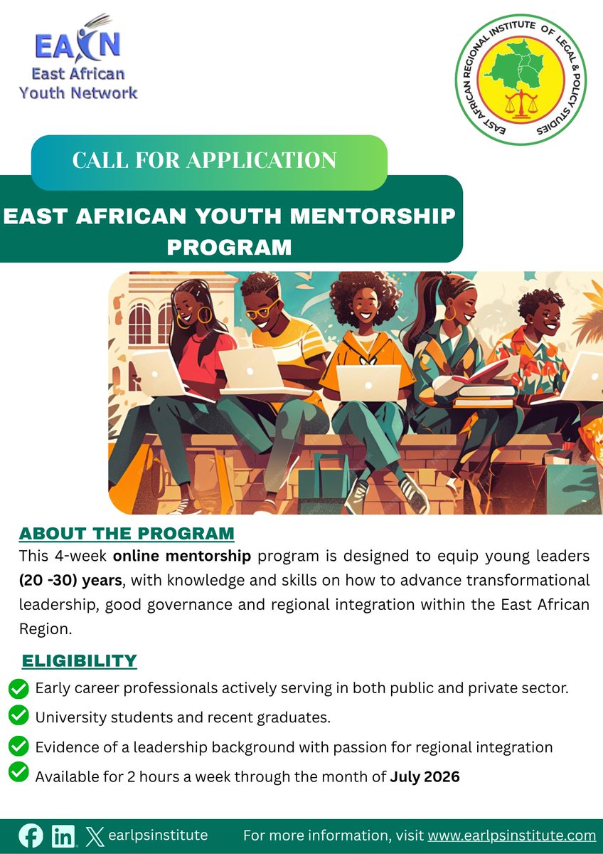 earipsinstitute's tweet photo. 📣📣Call for Applications 📣📣
Are you a young leader ready to shape the future of East Africa? Apply now and discover how you can be part of the next generation of leaders driving regional integration in East Africa.

🔗Link: https://t.co/BrYjIhcbff
⏰Deadline: 30th June 2026 https://t.co/5NF4eK5xEq