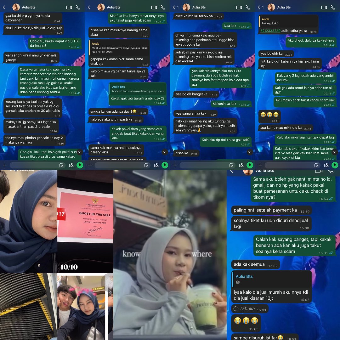 spilscam's tweet photo. HELP RT‼️ SCAMMER BTS ARIRANG JKT ig : aulsafir.a &amp; chabilakey TikTok : auliasafirah2 Bank bca : 5212333239 AULIA SAFIRA  No wa: +62 819-5880-0059 minta refund alasannya banyak banget, data satupun gak ada dikasih di coret semua sama dia, foto bangtan di tiket ai #penipu #bts https://t.co/Z4SCAxMm5I