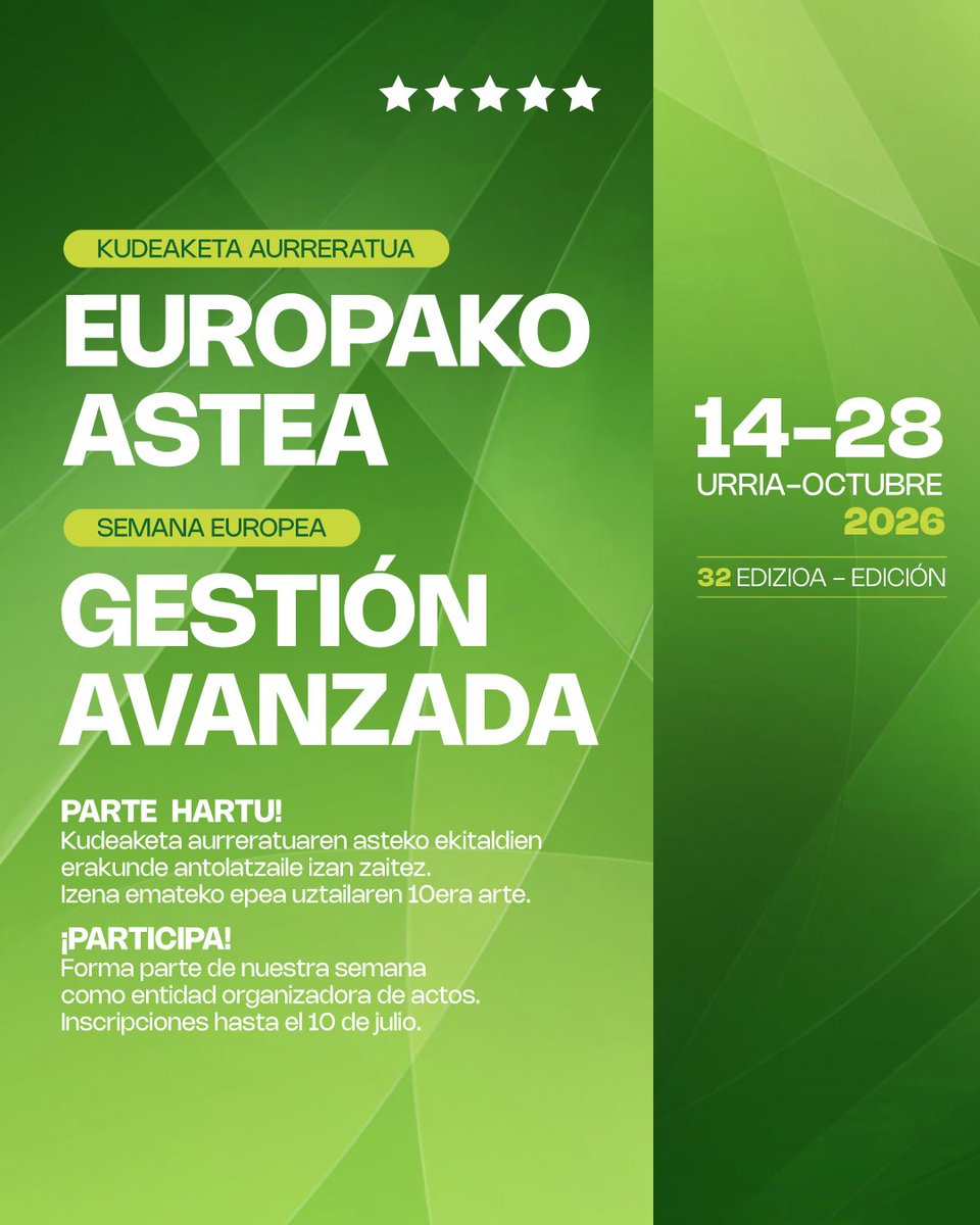 EUSKALIT's tweet photo. 📢 La 32 edición de la 𝗦𝗲𝗺𝗮𝗻𝗮 𝗘𝘂𝗿𝗼𝗽𝗲𝗮 𝗱𝗲 𝗹𝗮 𝗚𝗲𝘀𝘁𝗶𝗼́𝗻 𝗔𝘃𝗮𝗻𝘇𝗮𝗱𝗮 girará en torno a la "Competitividad sostenible y gestión: valores, talento y tecnología", abarcando enfoques como:

✔️ Estrategias para la sostenibilidad del negocio.
✔️ Gestión del talento y relevo.
✔️ Integración de la sostenibilidad en la Estrategia.
✔️ Digitalización e IA al servicio de la competitividad.
✔️ Bienestar organizativo y productividad.
✔️ Gobernanza y reputación, y su impacto en el negocio.

🤝 Si tu organización cuenta con una buena práctica que se enmarca en estos temas, ¡𝗮𝗽𝘂́𝗻𝘁𝗮𝘁𝗲 𝗲𝗻 𝗹𝗮 𝗦𝗲𝗺𝗮𝗻𝗮 𝗘𝘂𝗿𝗼𝗽𝗲𝗮 𝗰𝗼𝗺𝗼 𝗲𝗻𝘁𝗶𝗱𝗮𝗱 𝗼𝗿𝗴𝗮𝗻𝗶𝘇𝗮𝗱𝗼𝗿𝗮 𝗱𝗲 𝗮𝗰𝘁𝗼𝘀! La convocatoria está abierta a cualquier tipo de organización, siempre que proponga un acto centrado en compartir una buena práctica consolidada, es decir, ya diseñada, implantada, y con resultados positivos.

Inscríbete como entidad organizadora antes del 10 de julio aquí:
➡️ https://t.co/BJ4Qm8imdK

#SemanaEuropea #EntidadesOrganizadoras #Euskalit