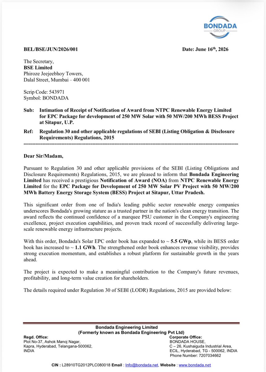 thisisavanindra's tweet photo. Bondada Engineering is on my watchlist: ~₹5500 cr+ order book, fast‑growing revenues, ~19x PE and decent margins suggest value still left. But it’s an EPC, working‑capital heavy, **high** execution‑risk story. 

Not an advice – do your own research and consult a SEBI registered advisor before investing.