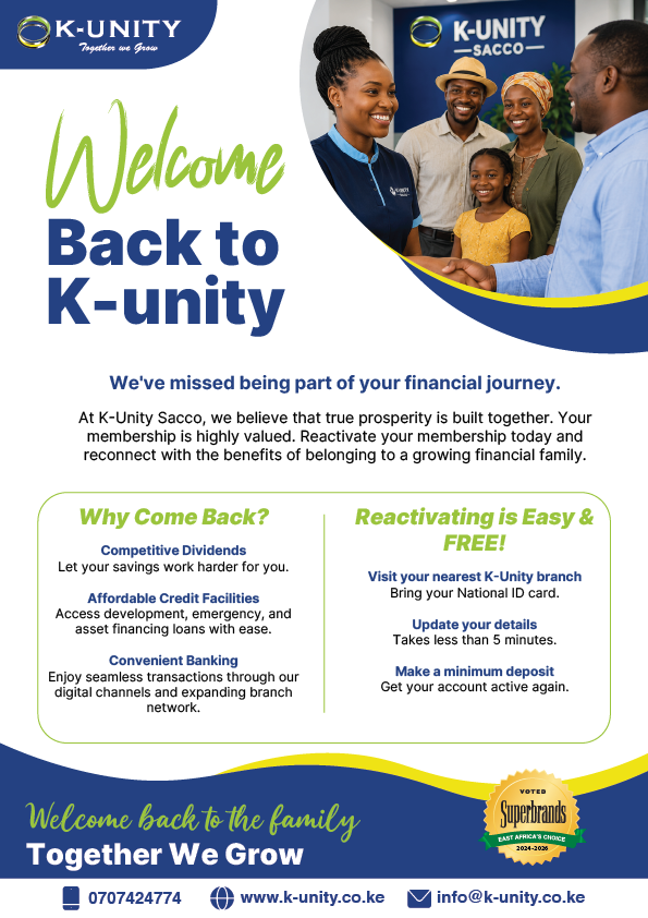 Kunitysacco's tweet photo. We’ve missed being part of your financial journey. Reactivate your K-Unity membership easily and continue enjoying better returns, affordable loans, and convenient banking services wherever you are.
#KUnity #BankBetter #TogetherWeGrow https://t.co/Qyop1j2QN9