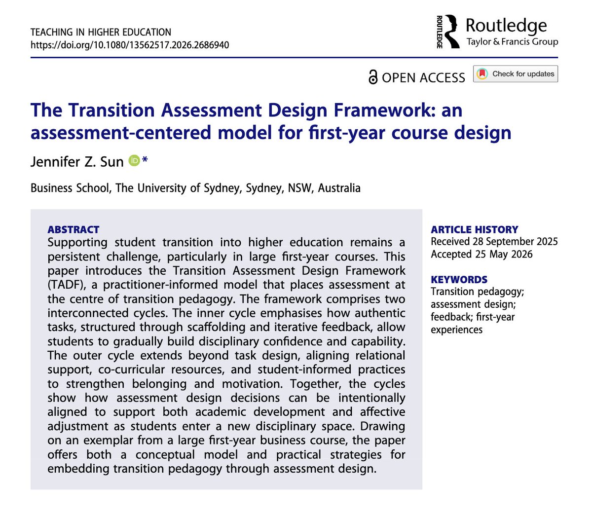 TeachinginHE's tweet photo. New publication alert! 🚨
The Transition Assessment Design Framework: an assessment-centered model for first-year course design
By Jennifer Z. Sun
https://t.co/FSVWX0X6My
#HigherEducation #Assessment https://t.co/PbrtdYJsxZ