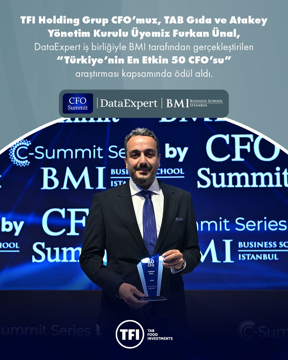 TabFoods's tweet photo. TFI Holding Grup CFO’muz, TAB Gıda ve Atakey Yönetim Kurulu Üyemiz Furkan Ünal, DataExpert iş birliğiyle BMI tarafından gerçekleştirilen “Türkiye’nin En Etkin 50 CFO’su” araştırması kapsamında ödül aldı!

Our TFI Holding Group CFO and Board Member at TAB Gıda and Atakey, Furkan Ünal, has been recognized in the “Türkiye’s 50 Most Effective CFOs” research conducted by BMI in collaboration with DataExpert. Congratulations on this prestigious achievement!