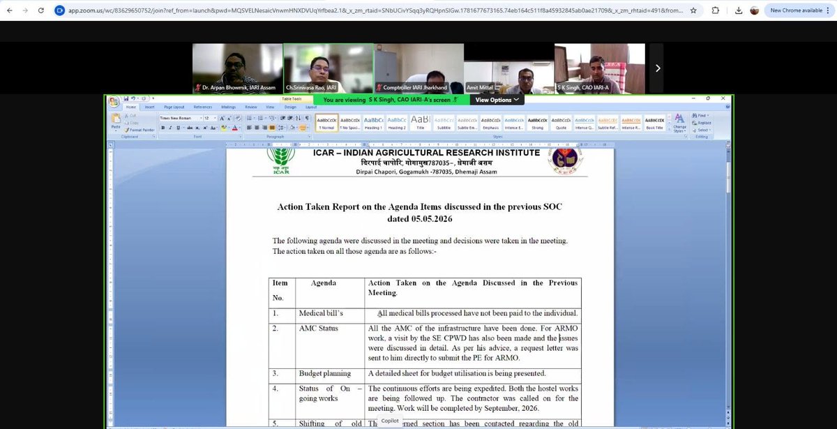 IARI_Assam's tweet photo. SOC Meeting (virtual mode) of IARI Assam held on 18-06-2026 under the chairmanship of Hon'ble Director, IARI. https://t.co/t45rmOjLK5